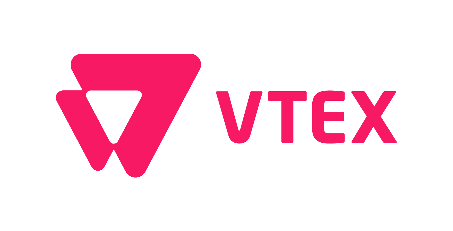 logo VTEX Logotipo da empresa VTEX. Trata-se do nome “VTEX” em rosa. Do lado esquerdo, há um triangulo rosa estilizado.