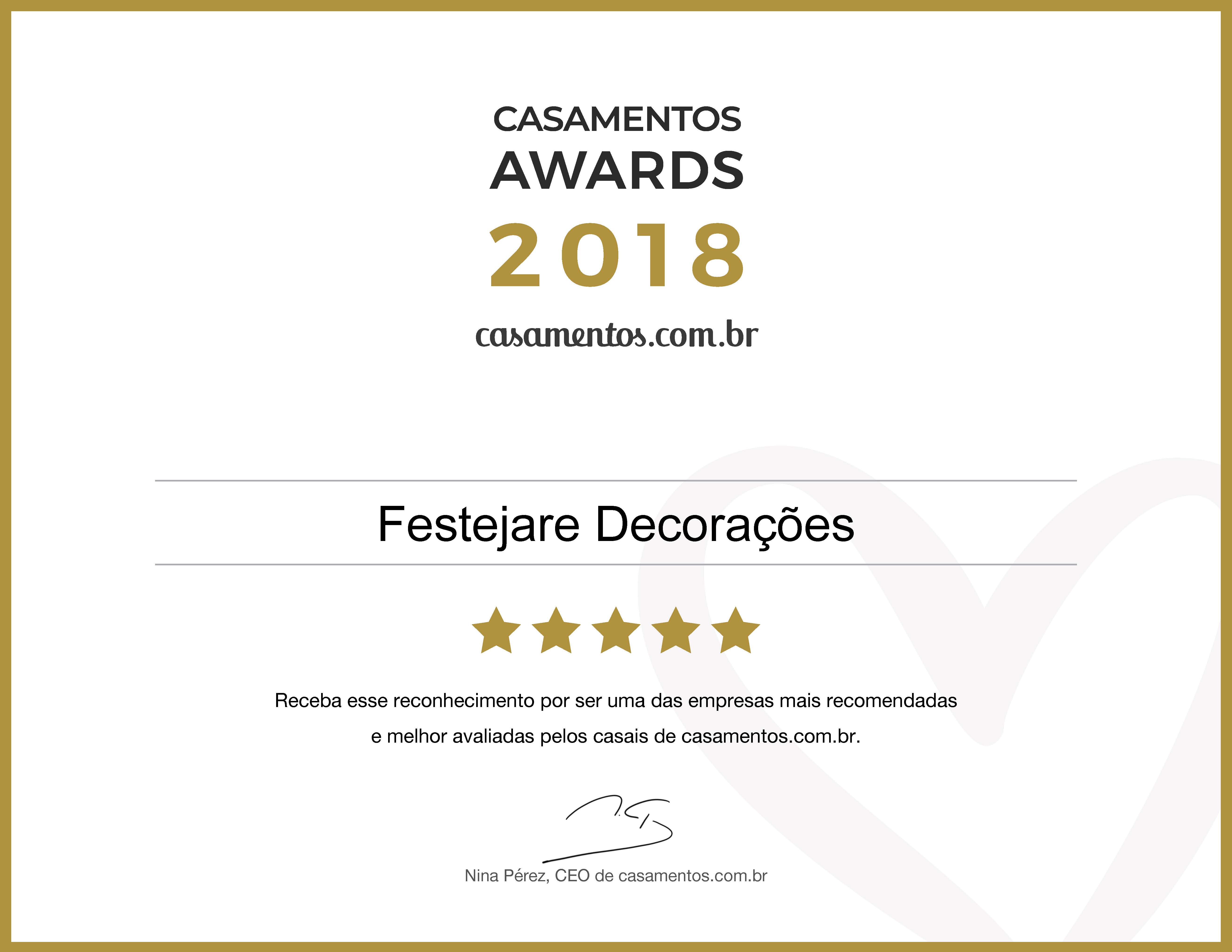 Certificado do prêmio Casamentos Awards 2018 Certificado do prêmio Casamentos Awards 2018